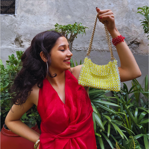 Lime Zest - Dual Tone Beaded Bag with Gold Chain