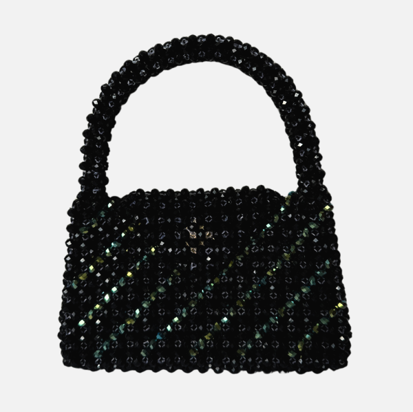 Midnight Trace - Black Beaded Bag with Green Crystal Accents