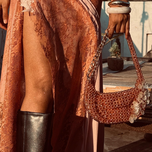 Amorette - Asymmetrical Beaded Bag with Dual Handle & Petal Detail