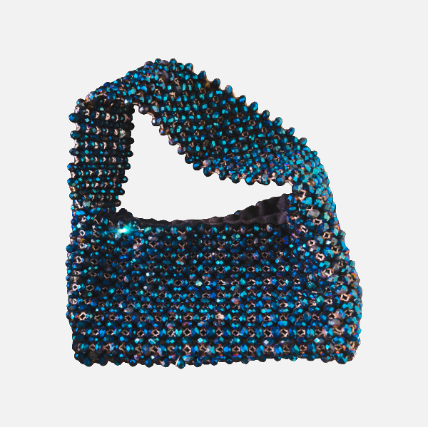 Azuria - Blue Crystal Beaded Cowl Bag with Broad Handle