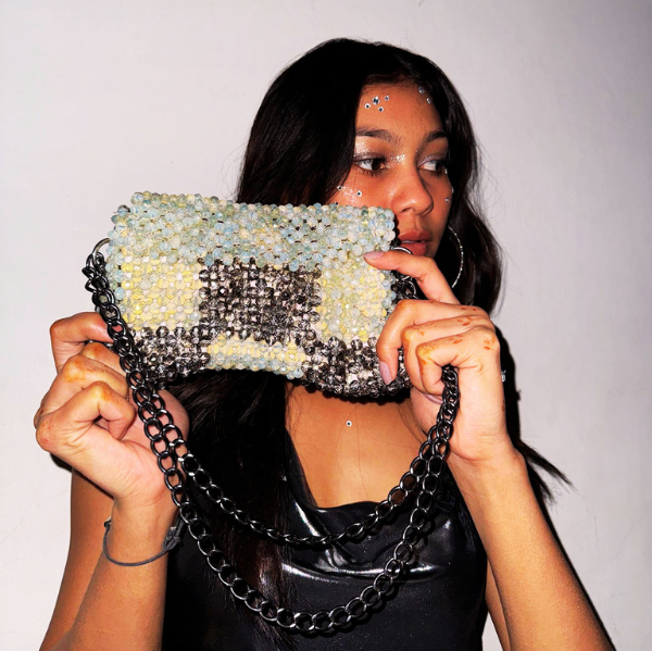 Frost & Glow -  Crystal Beaded Check Bag