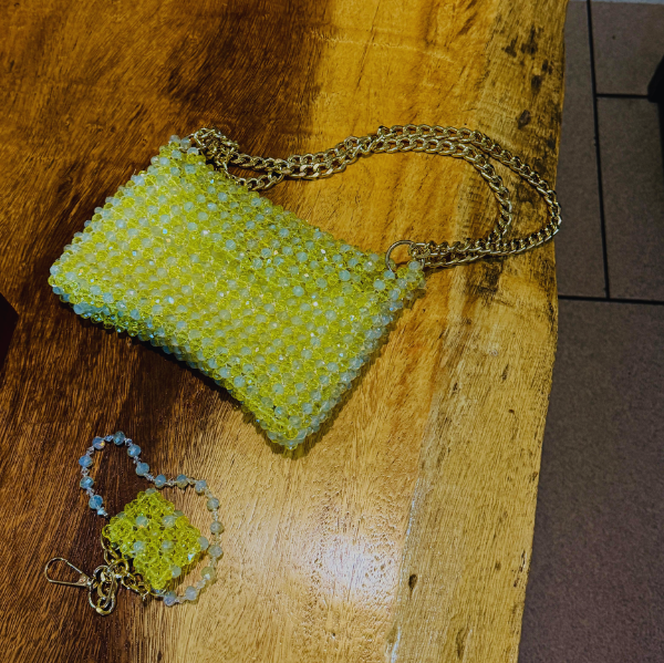 Lime Zest - Dual Tone Beaded Bag with Gold Chain
