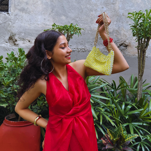 Lime Zest - Dual Tone Beaded Bag with Gold Chain