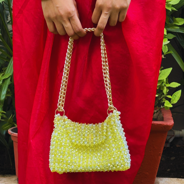 Lime Zest - Dual Tone Beaded Bag with Gold Chain