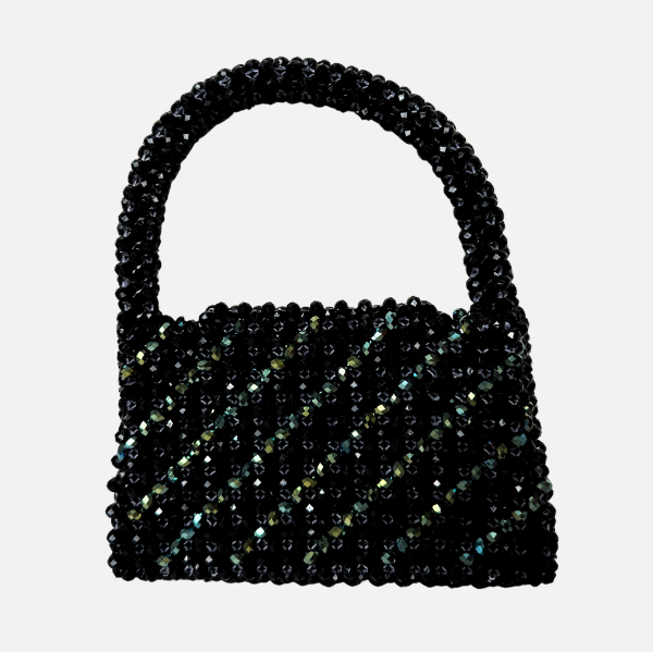 Midnight Trace - Black Beaded Bag with Green Crystal Accents