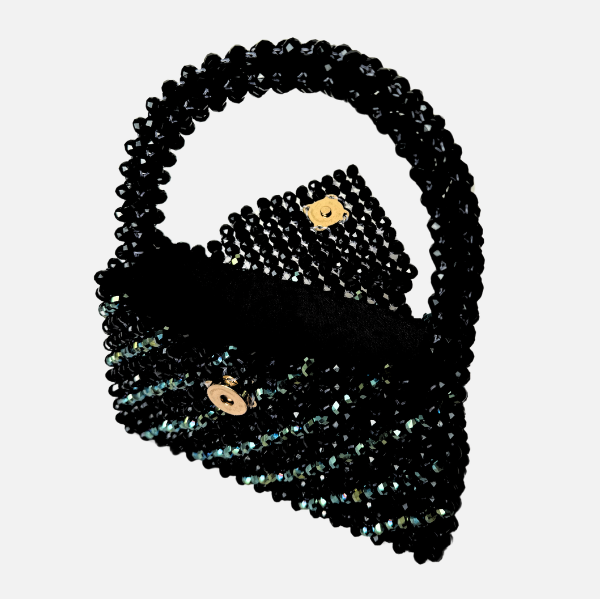 Midnight Trace - Black Beaded Bag with Green Crystal Accents