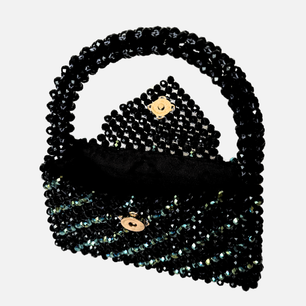 Midnight Trace - Black Beaded Bag with Green Crystal Accents