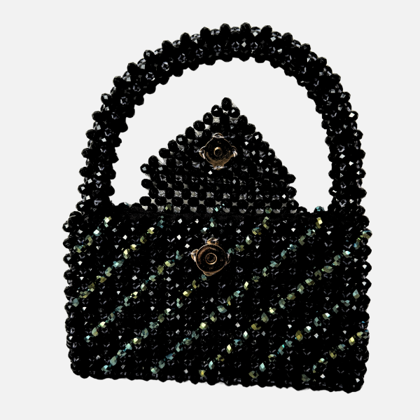 Midnight Trace - Black Beaded Bag with Green Crystal Accents