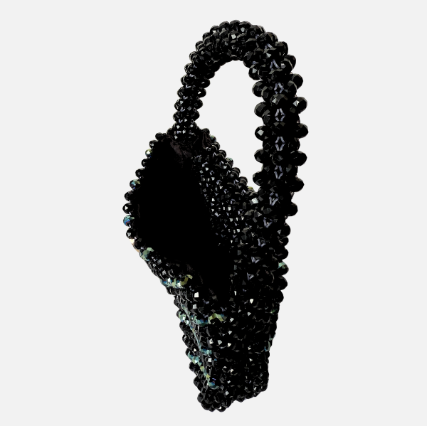 Midnight Trace - Black Beaded Bag with Green Crystal Accents