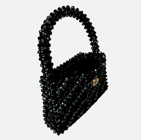 Midnight Trace - Black Beaded Bag with Green Crystal Accents
